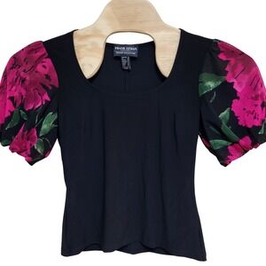 Frank Lyman Design Black Top with Pink Floral Puff Sleeves